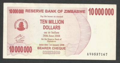 ZIMBABWE 10000000 10.000.000 DOLARI DOLLARS 2008 [3] P-55 , XF+ foto