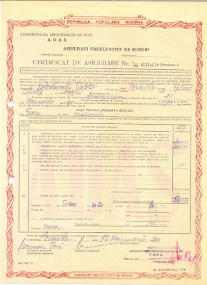 Z23 DOCUMENT VECHI -CERTIFICAT DE ASIGURARE ADAS -SOBOLEVSCHI PETER -1960 BRAILA foto