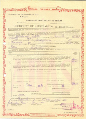 Z23 DOCUMENT VECHI -CERTIFICAT DE ASIGURARE ADAS -SOBOLEVSCHI PETER -1960 BRAILA foto