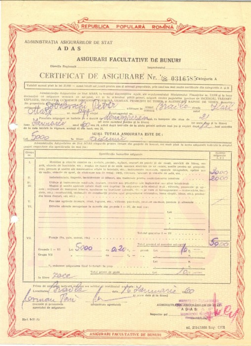 Z23 DOCUMENT VECHI -CERTIFICAT DE ASIGURARE ADAS -SOBOLEVSCHI PETER -1960 BRAILA