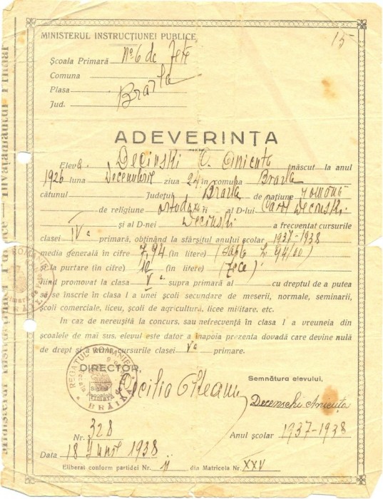 Z19 DOCUMENT VECHI -ADEVERINTA ELEVA DECINSKI ANICUTA-SCOALA PRIMARA DE FETE NR6