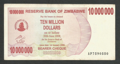 ZIMBABWE 10000000 10.000.000 DOLARI DOLLARS 2008 [11] P-55 , VF foto