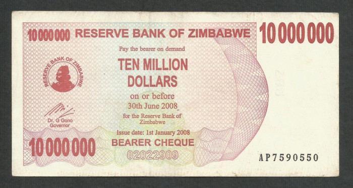 ZIMBABWE 10000000 10.000.000 DOLARI DOLLARS 2008 [11] P-55 , VF