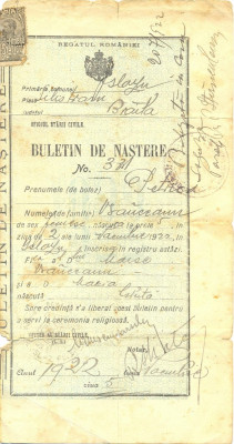 Z34 DOCUMENT VECHI-REGATUL ROMANIEI-BULETIN DE NASTERE PETRICA VRANCEANU 1922 foto