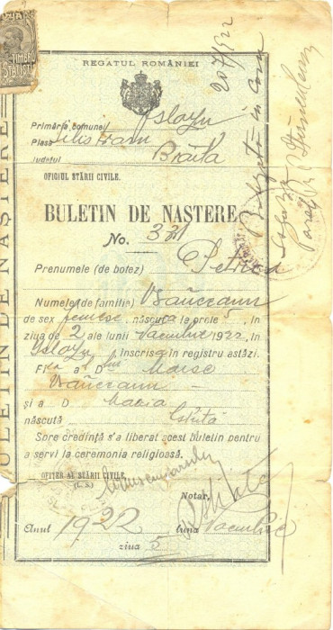 Z34 DOCUMENT VECHI-REGATUL ROMANIEI-BULETIN DE NASTERE PETRICA VRANCEANU 1922