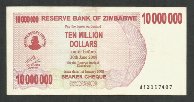 ZIMBABWE 10000000 10.000.000 DOLARI DOLLARS 2008 [10] P-55 , VF+ foto