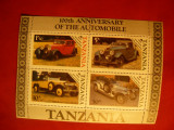 Colita si serie 4 val. Automobilul - 100 Ani - Tanzania 1986, Nestampilat
