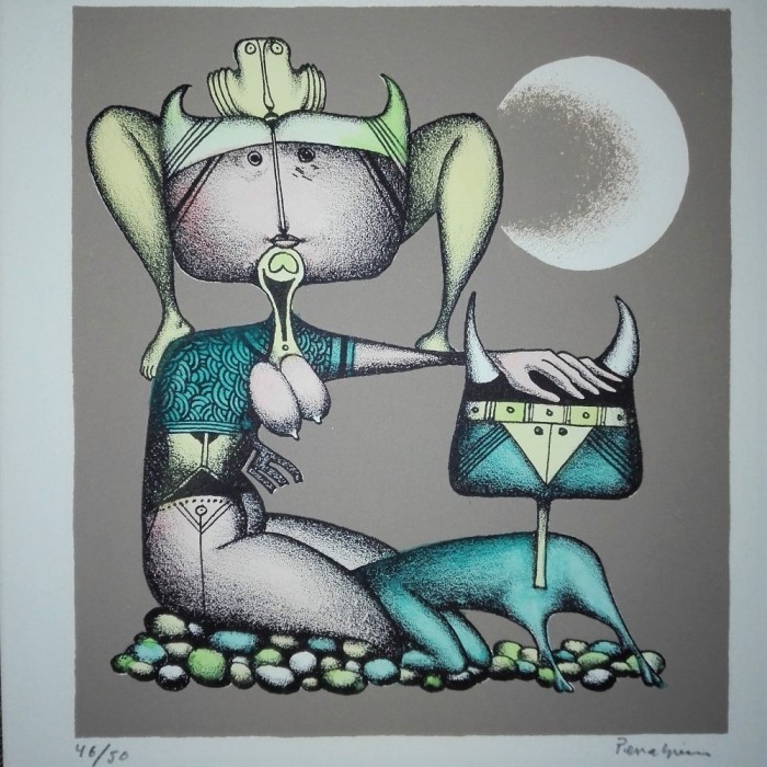 Jules Perahim (1914-2008) - Compozitie suprarealista, lucrare deosebita, semnata foto mare Jules Perahim (1914-2008) - Compozitie suprarealista, lucrare deosebita, semnata foto mare
