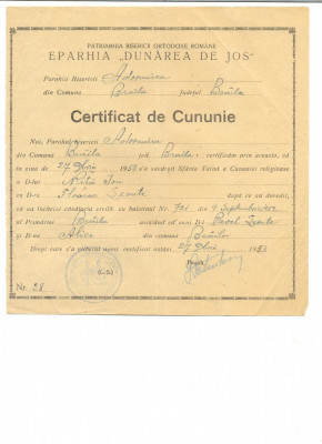 Z101 DOCUMENT VECHI -CERTIFICAT DE CUNUNIE -EPARHIA ,,DUNAREA DE JOS&amp;quot; -ANUL 1953 foto
