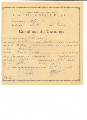 Z101 DOCUMENT VECHI -CERTIFICAT DE CUNUNIE -EPARHIA ,,DUNAREA DE JOS&amp;quot; -ANUL 1953 foto