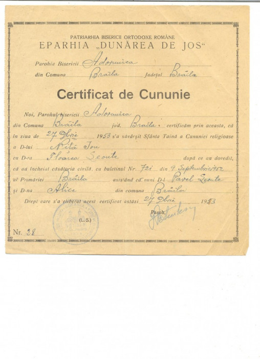Z101 DOCUMENT VECHI -CERTIFICAT DE CUNUNIE -EPARHIA ,,DUNAREA DE JOS&quot; -ANUL 1953