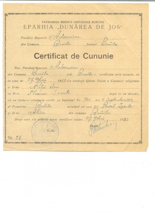 Z101 DOCUMENT VECHI -CERTIFICAT DE CUNUNIE -EPARHIA ,,DUNAREA DE JOS&quot; -ANUL 1953