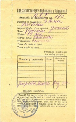 Z55 DOCUMENTVECHI-FISA STATISTICA IMIGRANT-ELENA PARTENIS-STAMPILA CONSULATREGAL foto