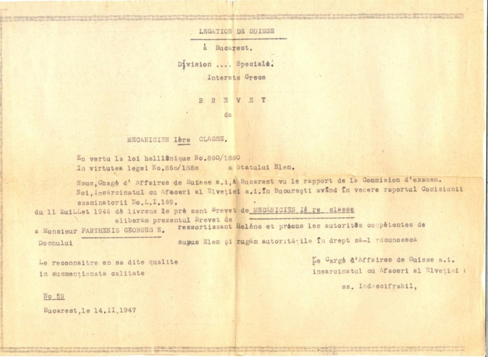 Z63 DOCUMENT VECHI- BREVET ELVETIAN DE MECANIC CLASA I (VAPOR) PARTHENIS  GEORGES | Okazii.ro