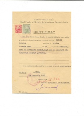Z102 DOCUMENT VECHI -CERTIFICAT CETATENIE ROMANA DAT CATRE LEONTE FLOAREA-BRAILA foto
