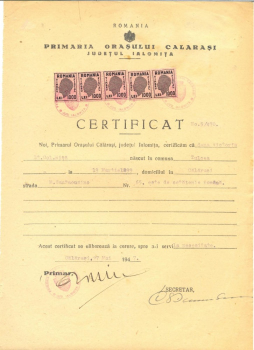 Z107 DOCUMENT VECHI-CERTIFICAT PRIMARIA CALARASI, JUD IALOMITA-LT.COL. NITA 1947