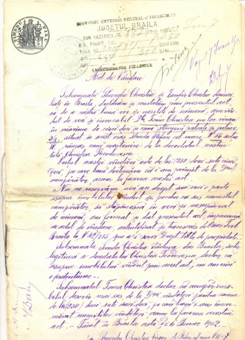 Z79 DOCUMENT VECHI-ACT DE VANDARE(VANZARE)ANUL 1902-GHEORGHE CHRISTEA -BRAILA