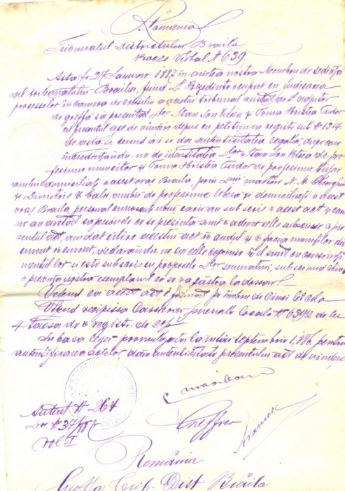 Z81 DOCUMENT VECHI-PROCES VERBAL A639 - DIN 27 IANUAIE 1887 -BRAILA-TIMBRU SEC