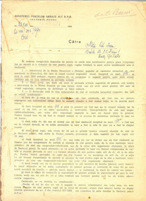 Z103 DOCUMENT VECHI -MINISTERUL FORTELOR ARMATE RPR- SECTORUL PENSII -1959 -NITA