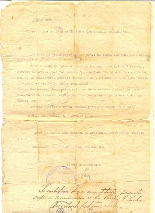 Z60 DOCUMENT VECHI-COPIE LEGALIZATA DECIZIE EXPULZARE ANDREI G. PARTENI -1913