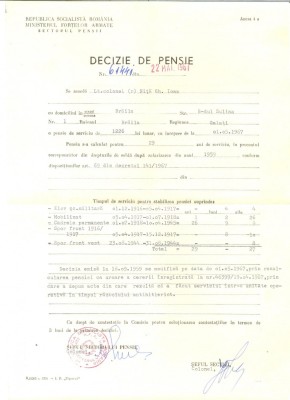 Z87 DOCUMENT VECHI -DECIZIE DE PENSIE ANUL 1967-MINISTERUL FORTELOR ARMATE foto