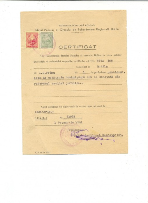 Z88 DOCUMENT VECHI -CERTIFICAT CETATENIE ROMANA DAT CATRE NITA ION - BRAILA