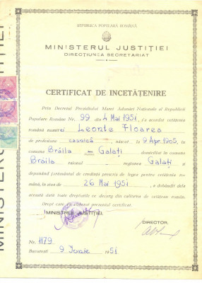 Z91 DOCUMENT VECHI -CERTIFICAT DE INCETATENIRE - LEONTE FLOAREA- BRAILA -1951 foto