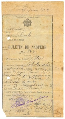 Z115 DOCUMENT VECHI-BULETIN NASTERE, 1921-PETER SOBOLEVSCHI -BRAILA foto