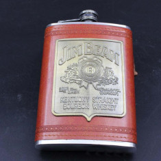 Sticla Jim Beam inox imbracata in piele de buzunar flask butelca 9 OZ 270ml foto