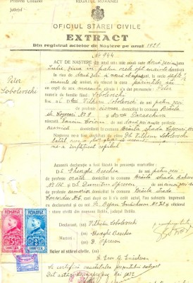 Z114 DOCUMENT VECHI-EXTRAS DIN REGISTRUL ACTELOR NASTERE, 1921-PETER SOBOLEVSCHI foto
