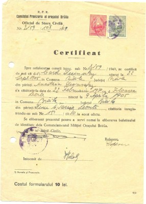 Z108 DOCUMENT VECHI-CERTIFICAT -CASATORIE CAROL DECINSKY SI FLOAREA LEONTE 1949 foto