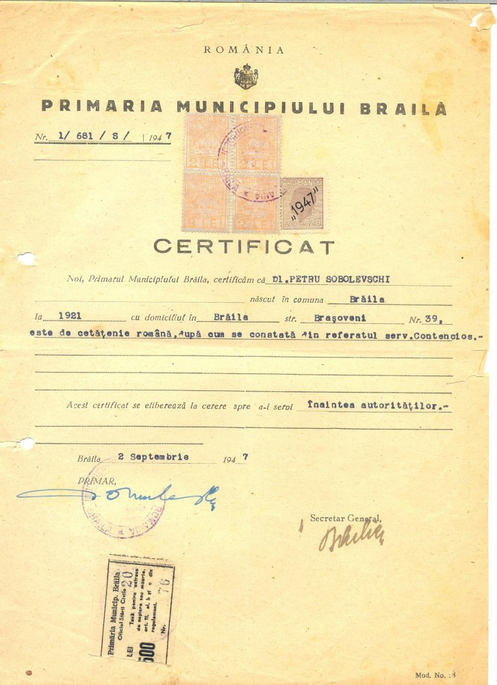 Z118 DOCUMENT VECHI-CERTIFICAT CETATENIE ROMANA-PETRU SOBOLEVSCHI -BRAILA  1947 | Okazii.ro