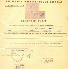 Z118 DOCUMENT VECHI-CERTIFICAT CETATENIE ROMANA-PETRU SOBOLEVSCHI -BRAILA 1947