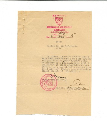 Z131 DOCUMENT VECHI -PRIMARIA BABADAG,TULCEA-CATRE LT.COLONEL NITA GH. IOAN 1945 foto