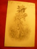 Ilustrata - Femeie cu buchet flori 1903 ,circ.Paris- Verdun cu trenul