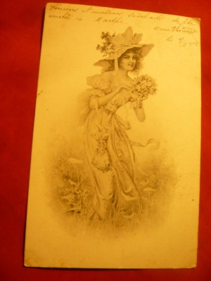 Ilustrata - Femeie cu buchet flori 1903 ,circ.Paris- Verdun cu trenul foto