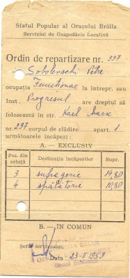 Z145 DOCUMENT VECHI-ORDIN DE REPARTIZARE LOCATIVA -CATRE SOBOLEVSCHI PETRE 1959 foto