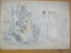 Valahia trupe si sateni 1843 Michel Bouquet desen color foto