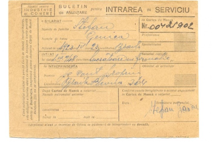 Z130 DOCUMENT VECHI -BULETIN DE ANUNTARE PENTRU INTRAREA IN SERVICIU -GENICA ST.
