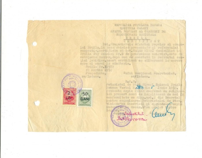 Z127 DOCUMENT VECHI-ATESTAT DE CETATENIE ROMANA-GALES MIHAI-PENTRU CASATORIE1952