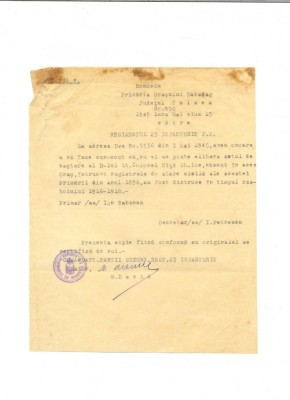 Z135 DOCUMENT VECHI-PRIMARIA BABADAG-LT. COLONEL NITA GH. ION, REGIMENTUL 23 INF foto