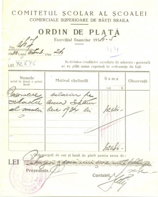 Z156 DOCUMENT VECHI -COMITETUL SCOALEI COMERCIALE SUPERIOARE DE BAIETI, BRAILA foto