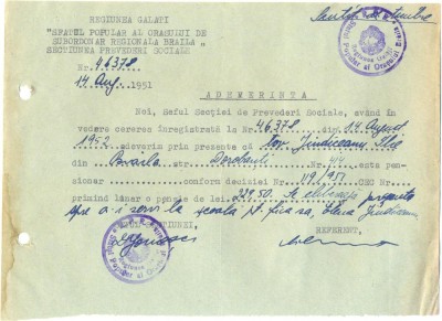 Z168 DOCUMENT VECHI- JINDICEANU ILIE , PENSIONAR- ELENA JINDICEANU -SCOALA 1951 foto