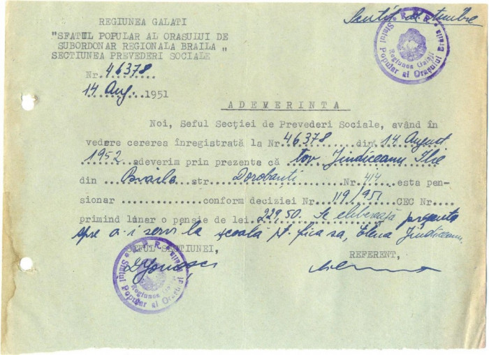 Z168 DOCUMENT VECHI- JINDICEANU ILIE , PENSIONAR- ELENA JINDICEANU -SCOALA 1951