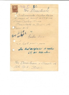 Z161 DOCUMENT VECHI -TOV. DIRECTOARE, A SCOALEI DE FETE TIP II, BRAILA -1954 foto