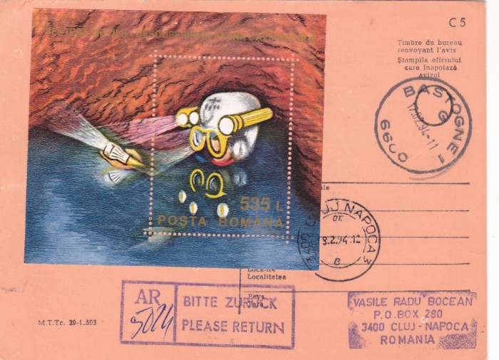AVIS DE PRIMIRE,FRANCAT CU TIMBRE SERIE COLITA INSECTE IN PESTERA 1994,ROMANIA