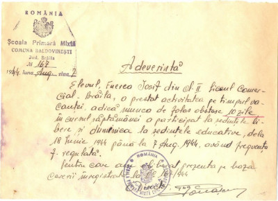 Z163 DOCUMENT VECHI -SCOALA PRIMARA MIXTA COMUNA BALDOVENESTI, JUD.BRAILA -1944 foto