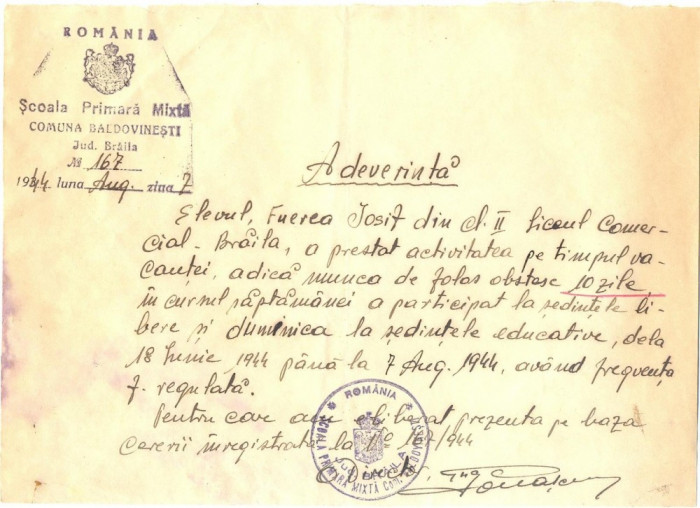 Z163 DOCUMENT VECHI -SCOALA PRIMARA MIXTA COMUNA BALDOVENESTI, JUD.BRAILA -1944