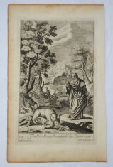 C Freman &amp;quot;Copii devorati de ursi, Sf Ilie ridicat la cer&amp;quot; gravura veche cca 1690 foto