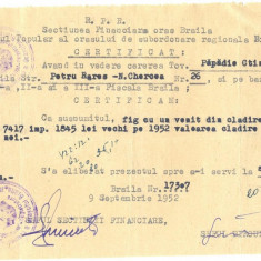 Z169 DOCUMENT VECHI-PAPADIE CONSTANTIN -CERTIFICAT PENTRU FICA SA LA SCOALA 1952